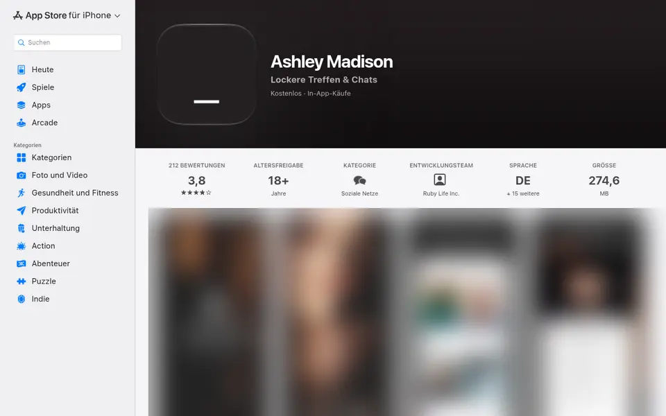 Ashley Madison Erfahrungen: App-Store-Eintrag am Computer mit 3,8 Sternen bei 212 Bewertungen, Freigabe ab 18, Vorschaubilder unscharf