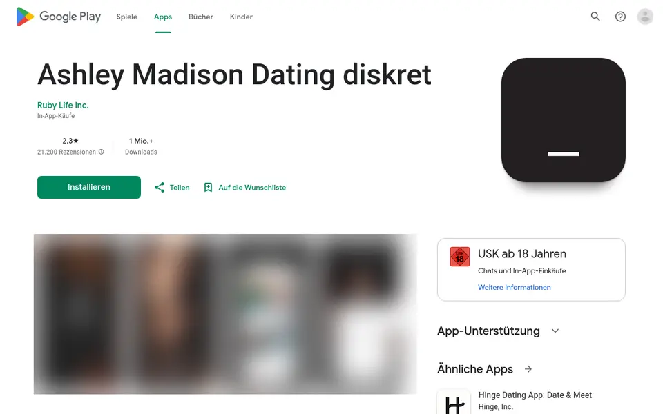 Ashley Madison Erfahrungen bei Google Play: «Ashley Madison Dating diskret» mit 2,3 Sternen und USK ab 18, Vorschaubilder unscharf