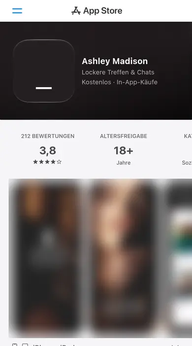 Ashley Madison Erfahrungen am Smartphone: die iPhone-App «Lockere Treffen & Chats» im deutschen App Store, Vorschaubilder unscharf