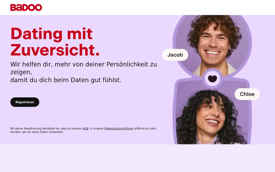 Badoo Erfahrungen: deutsche Startseite mit dem Satz «Dating mit Zuversicht» und dem Knopf Registrieren