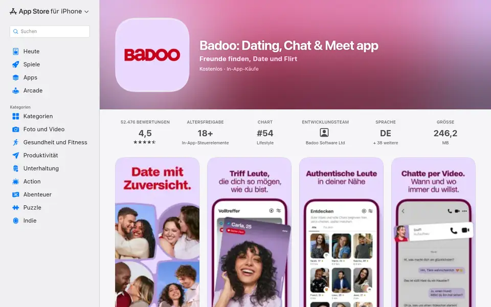 Badoo Erfahrungen: die App im deutschen App Store mit 4,5 Sternen bei 52 476 Bewertungen und Bildern von Volltreffer und Videochat