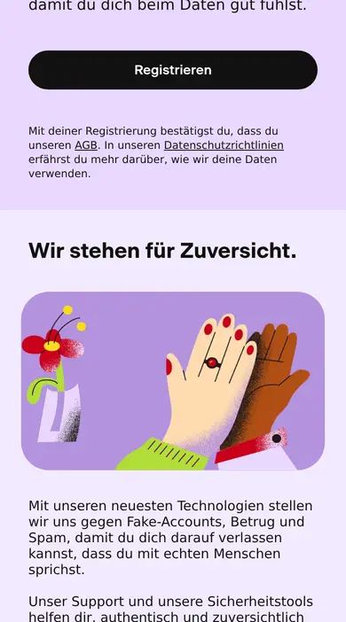 Badoo Erfahrungen am Handy: mobile Startseite mit dem Abschnitt «Wir stehen für Zuversicht» gegen Fake-Accounts und Betrug