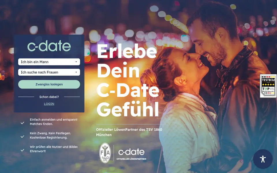 C-Date Erfahrungen: Startseite von c-date.de mit dem Formular «Zwanglos loslegen» und dem Satz «Wir prüfen alle Nutzer und Bilder»