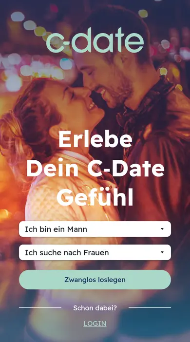 C-Date Erfahrungen auf dem Smartphone: mobile Anmeldung mit Auswahl von Geschlecht und Suche