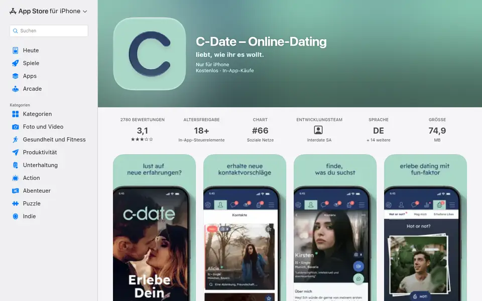 C-Date Erfahrungen im deutschen App Store: 3,1 Sterne bei 2780 Bewertungen, Freigabe ab 18