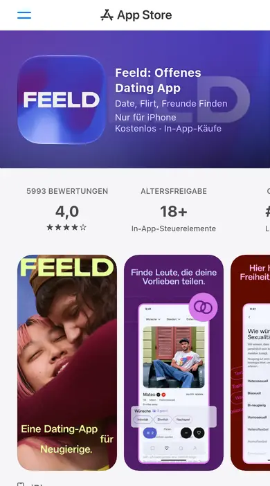 Feeld Erfahrungen am Smartphone: App-Store-Seite mit Profilansicht und dem Satz «Finde Leute, die deine Vorlieben teilen»