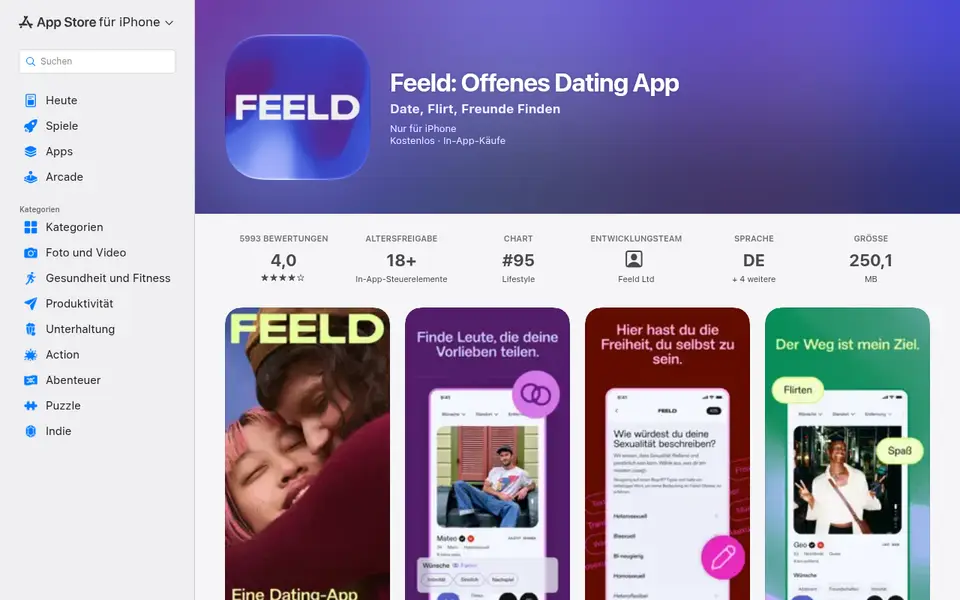Feeld Erfahrungen im deutschen App Store: 4,0 Sterne bei 5993 Bewertungen und Auswahl der Sexualität im Profil