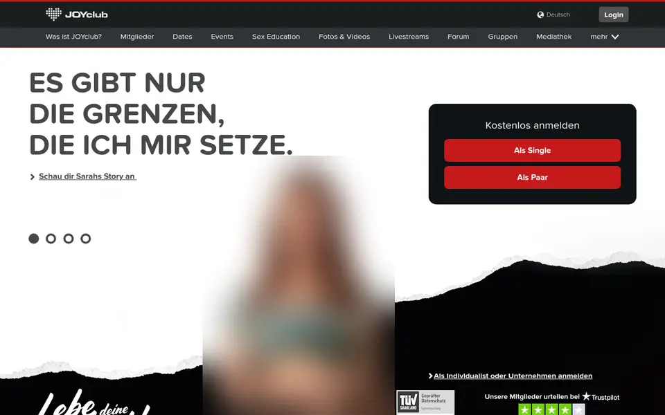 JOYclub Erfahrungen: Startseite von joyclub.de mit kostenloser Anmeldung als Single oder als Paar (Person unkenntlich gemacht)