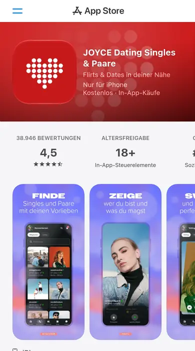 JOYclub Erfahrungen am Smartphone: die App JOYCE mit Suche nach Singles und Paaren und Profilansicht