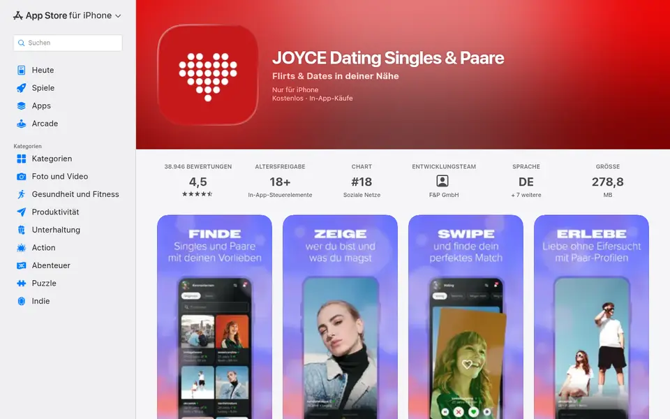 JOYclub Erfahrungen im deutschen App Store: JOYCE mit 4,5 Sternen bei 38.946 Bewertungen