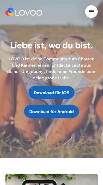 LOVOO Erfahrungen am Smartphone: die mobile Startseite mit dem Menü und den großen Knöpfen für die App