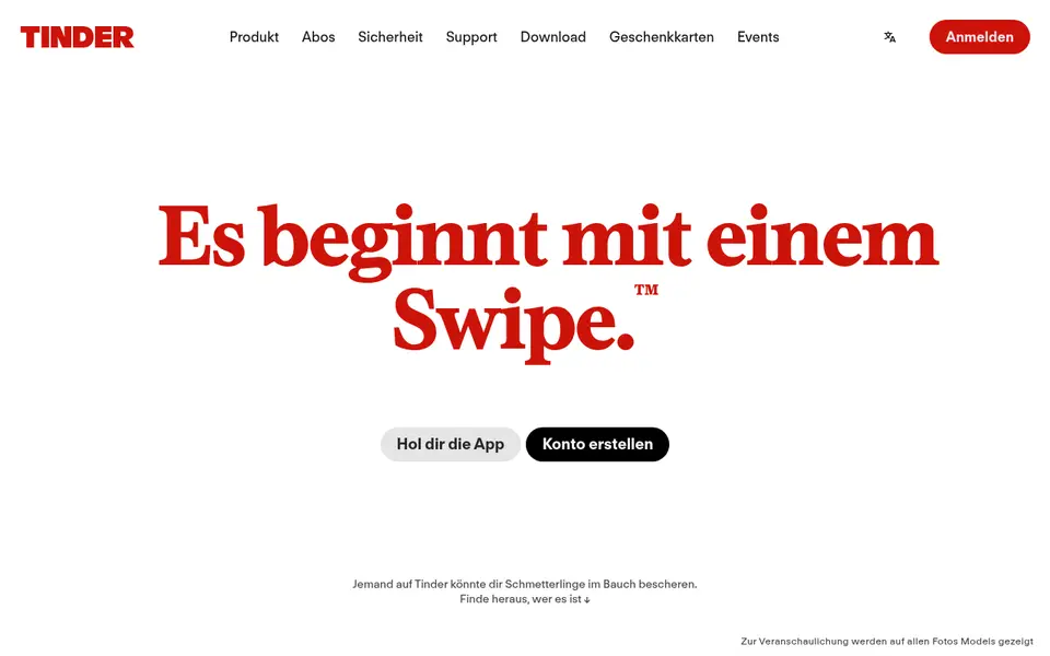 Tinder Erfahrungen: deutsche Startseite von tinder.com mit dem Satz «Es beginnt mit einem Swipe» und Konto erstellen