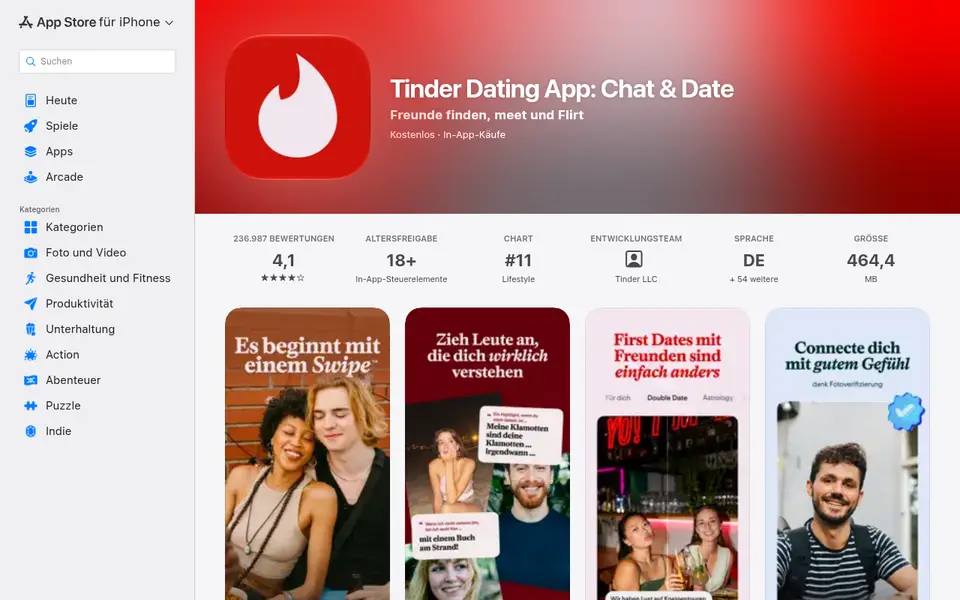 Tinder Erfahrungen im deutschen App Store: 4,1 Sterne bei 236.987 Bewertungen und Bilder zur Fotoverifizierung